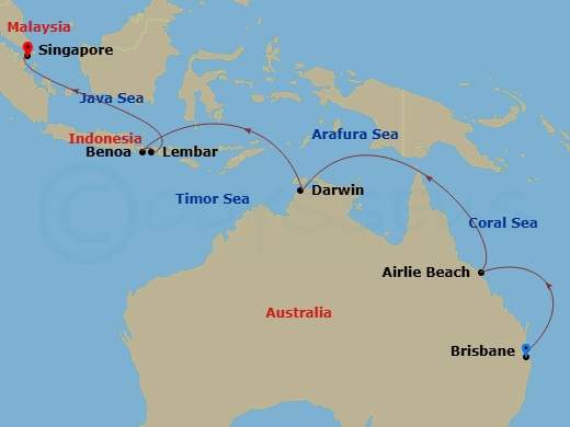 Carnival Encounter - 13 Night - Journeys - Southeast Asia - Carnival Encounter - Starting in Brisbane, Australia, Airlie Beach, Australia, Darwin, Australia, Benoa (Denpasar), Bal.. itinerary map