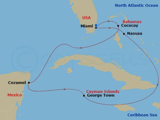 Celebrity Beyond - 7 Night - Grand Cayman, Mexico & Perfect Day - Celebrity Beyond - Starting in Miami, Florida, Perfect Day Cococay, Bahamas, Cozumel, Mexico, George Town, Gran.. itinerary map