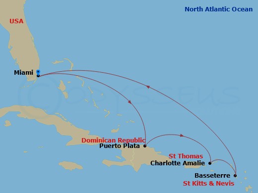 Celebrity Beyond - 7 Night - St. Thomas & Puerto Plata - Celebrity Beyond - Starting in Miami, Florida, Puerto Plata, Dominican Republic, Charlotte Amalie, St Thomas, Basseterre.. itinerary map