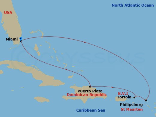 Celebrity Beyond - 7 Night - Tortola, St. Maarten & Puerto Plata - Celebrity Beyond - Starting in Miami, Florida, Puerto Plata, Dominican Republic, Tortola, Philipsburg, St Maar.. itinerary map