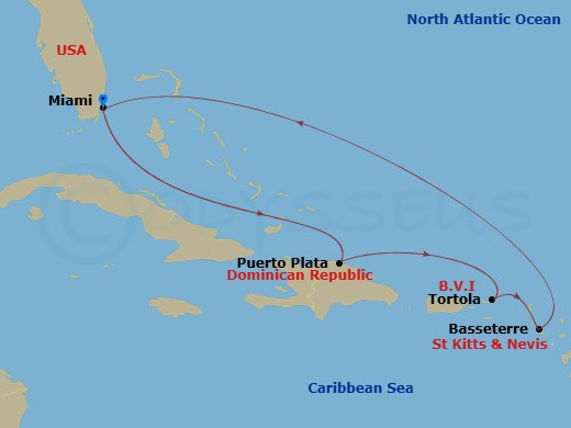 Celebrity Beyond - 7 Night - Tortola, St. Kitts & Puerto Plata - Celebrity Beyond - Starting in Miami, Florida, Puerto Plata, Dominican Republic, Tortola, Basseterre, St Kitts a.. itinerary map