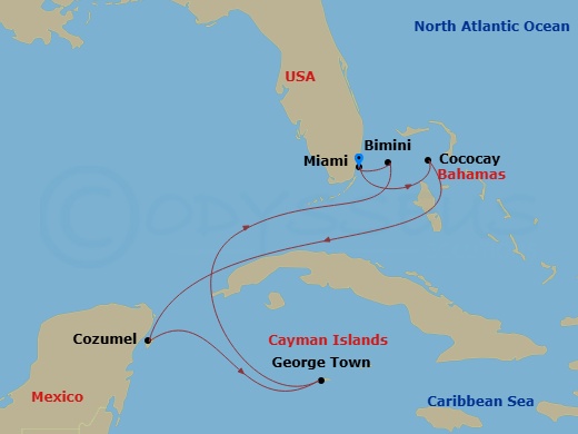 Celebrity Beyond - 7 Night - Grand Cayman, Mexico & Perfect Day - Celebrity Beyond - Starting in Miami, Florida, Perfect Day Cococay, Bahamas, Cozumel, Mexico, George Town, Gran.. itinerary map