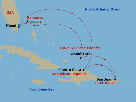 Celebrity Beyond - 7 Night - San Juan, Grand Turk, Dr & Perfect Day - Celebrity Beyond - Starting in Miami, Florida, Puerto Plata, Dominican Republic, San Juan, Puerto Rico, Gra.. itinerary map