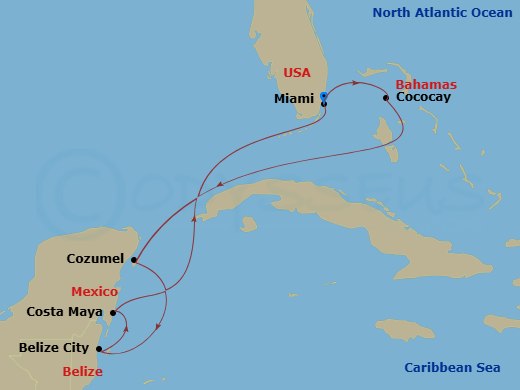 Celebrity Beyond - 7 Night - Mexico, Belize & Perfect Day - Celebrity Beyond - Starting in Miami, Florida, Perfect Day Cococay, Bahamas, Cozumel, Mexico, Belize City, Belize, Pu.. itinerary map