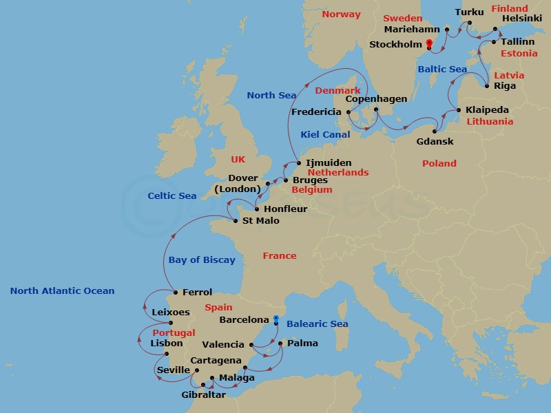 Azamara Journey - 34 Night - Europe Cruise : Iberia. Northern Europe & Baltic Grand Voyage - Azamara Journey - Starting in Barcelona, Valencia, Palma, Majorca, Cartagena ES, Ma.. itinerary map