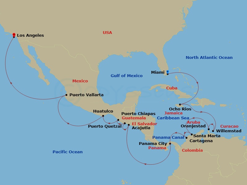 EXPLORA III - 21 Night - An Extended Journey from Majestic Horizons to Mayan Gems - EXPLORA III - Starting in Miami, Ocho Rios, Jamaica, Willemstad AN, Oranjestad, Santa Ma.. itinerary map