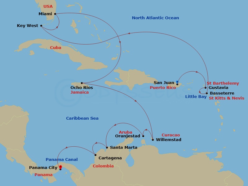 EXPLORA III - 17 Night - A Grand Journey Through Balmy Shores & Enchanting Nature to Panama's Wonders - EXPLORA III - Starting in San Juan, Gustavia, Little Bay, Basseterre.. itinerary map