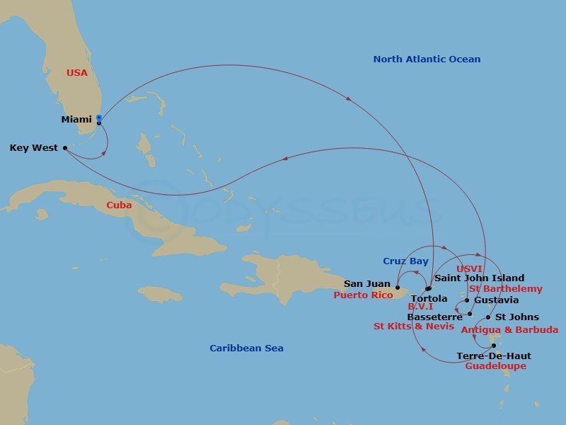 EXPLORA III - 14 Night - An Extended Journey from Vibrant Shores to Spectacular Scenery - EXPLORA III - Starting in Miami, St John VI (Cruz Bay), US Virgin Islands, St John.. itinerary map