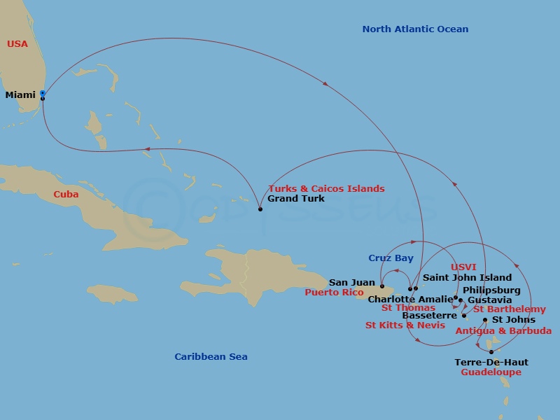 EXPLORA III - 14 Night - An Extended Journey Through Azure Horizons & Elegant Isles - EXPLORA III - Starting in Miami, St John VI (Cruz Bay), US Virgin Islands, St Johns AG.. itinerary map