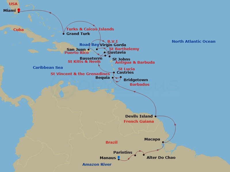 EXPLORA I - 19 Night - An Extended Journey of Rainforest Wonders & Ocean Serenity - EXPLORA I - Starting in Manaus, Parintins, Alter Do Chao, Macapa, Devils Island, Bequi.. itinerary map