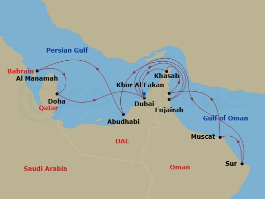 EXPLORA II - 14 Night - An Extended Journey of Bright Festivities & Striking Contrasts - EXPLORA II - Starting in Dubai, Al Fujayrah, Abu Dhabi, New Year Fireworks Dxb, Ba.. itinerary map