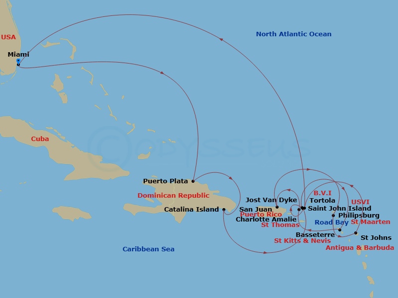 EXPLORA I - 15 Night - An Extended Journey Through Island Joys & Volcanic Majesty - EXPLORA I - Starting in Miami, Puerto Plata, Dominican Republic, Isla Catalina, St Joh.. itinerary map