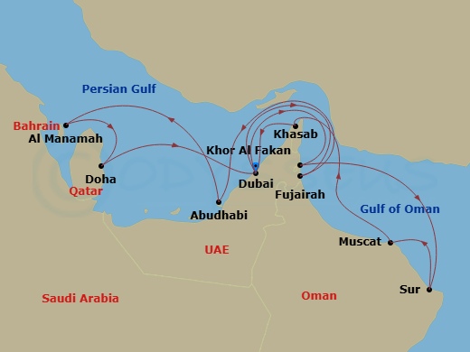 EXPLORA II - 14 Night - An Extended Journey of Shoreline Serenity & Dazzling Celebrations - EXPLORA II - Starting in Dubai, Khor Fakkan, Sur, Muscat, Khasab, Dubai, Al Fuj.. itinerary map
