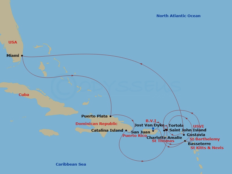 EXPLORA I - 15 Night - An Extended Journey Into Island Bliss & Lively Celebrations - EXPLORA I - Starting in San Juan, Basseterre, Tortola / Road Town, Gustavia, Road Bay.. itinerary map