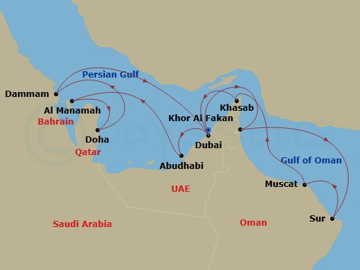 EXPLORA II - 14 Night - An Extended Journey Through Sandstone Dreams & Coastal Light - EXPLORA II - Starting in Dubai, Abu Dhabi, Bahrain, Doha, Ad Dammam, Dubai, Khor Fak.. itinerary map