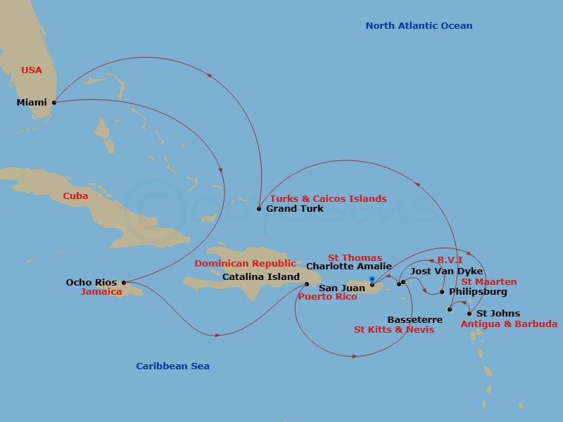 EXPLORA III - 15 Night - An Extended Journey Through Wild Beauty and Tropical Festivities - EXPLORA III - Starting in San Juan, Road Bay, St Johns AG, Antigua, Basseterre,.. itinerary map