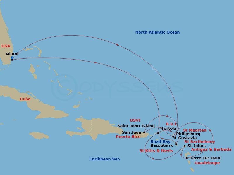 EXPLORA I - 14 Night - An Extended Journey of Island Calm & Coastal Retreats - EXPLORA I - Starting in Miami, St John VI (Cruz Bay), US Virgin Islands, St Johns AG, Antig.. itinerary map