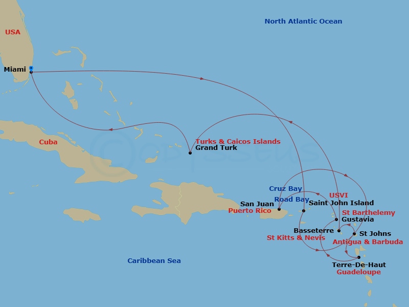 EXPLORA III - 14 Night - An Extended Journey Through Islands of Scenic Wonder & Coastal History - EXPLORA III - Starting in Miami, St John VI (Cruz Bay), US Virgin Islands,.. itinerary map