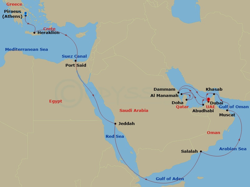 EXPLORA II - 22 Night - A Grand Journey from Golden Horizons to Timeless Tranquillity - EXPLORA II - Starting in Piraeus (Athens), Heraklion, Crete, Port Said, Crossing th.. itinerary map