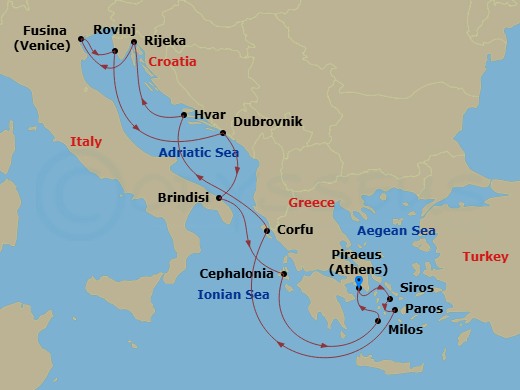 EXPLORA II - 14 Night - An Extended Journey from Heritage Havens to Architectural Splendour - EXPLORA II - Starting in Piraeus (Athens), Syros (Syra), Paros, Corfu, Hvar,.. itinerary map