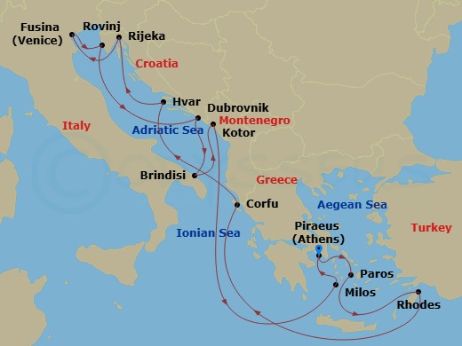 EXPLORA II - 14 Night - An Extended Journey of Marble Cities & Sapphire Seas - EXPLORA II - Starting in Piraeus (Athens), Paros, Rhodes, Corfu, Hvar, Rijeka, Fusina (Venic.. itinerary map