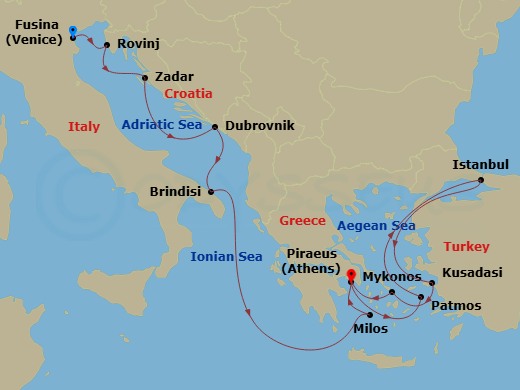 EXPLORA II - 14 Night - An Extended Journey of Whispered Secrets & Coastal Treasures - EXPLORA II - Starting in Fusina (Venice), Rovinj, Zadar, Dubrovnik, Croatia, Brindis.. itinerary map