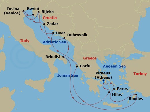 EXPLORA II - 14 Night - An Extended Journey Through Natural Beauty & Azure Escapes - EXPLORA II - Starting in Piraeus (Athens), Paros, Rhodes, Corfu, Hvar, Rijeka, Fusina.. itinerary map