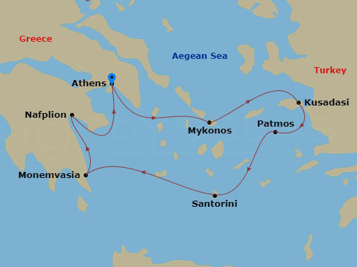 Wind Surf - 7 Night - Treasures of the Greek Isles - Wind Surf - Starting in Athens, Greece, Mykonos, Kusadasi, Patmos, Santorini, Monemvasia, Nafplio, Athens, Greece itinerary map