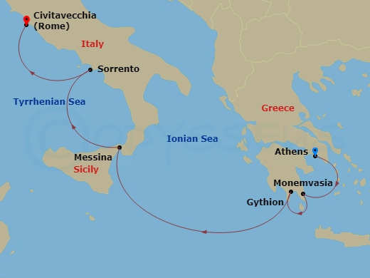 Wind Surf - 7 Night - Enchanting Greece & the Amalfi Coast - Wind Surf - Starting in Athens, Greece, Monemvasia, Gythion, Messina (Taormina), Sorrento, Rome itinerary map