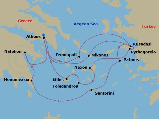 14 Night - Star Collector : Greek Classics & Hidden Gems Unveiled - Wind Surf - Starting in Athens, Greece, Mykonos, Kusadasi, Patmos, Santorini, Monemvasia, Nafplio, Athens, Greece, Ermoupolis, Kusadasi, Pythagoreio, Greece, Naxos, Greece, Folegandros, Greece, Milos, Greece, Athens, Greece itinerary map