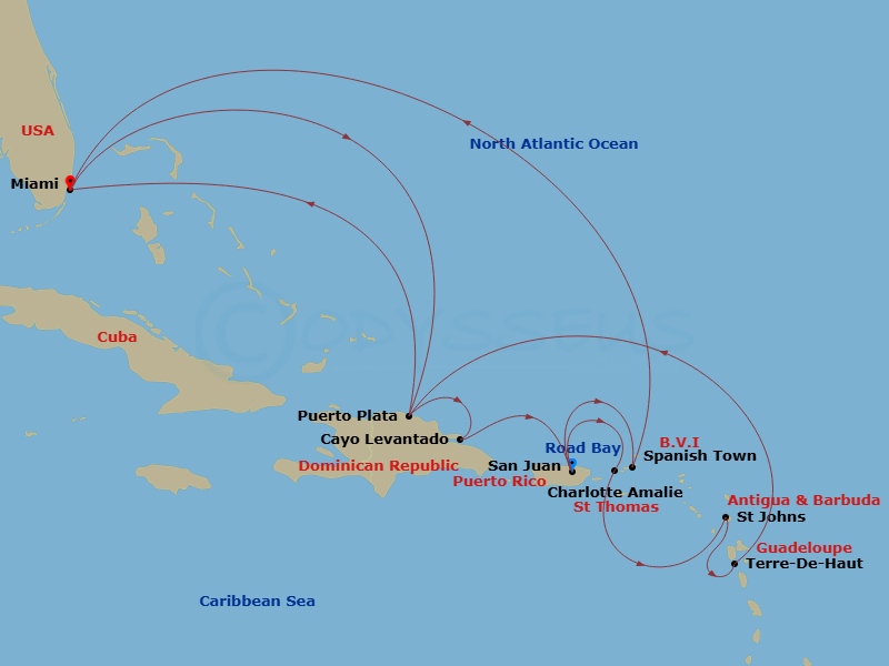 EXPLORA III - 16 Night - An Extended Journey of Relaxing Waters & Blissful Shores - EXPLORA III - Starting in San Juan, Charlotte Amalie (Saint Thomas), St Johns AG, Antigu.. itinerary map