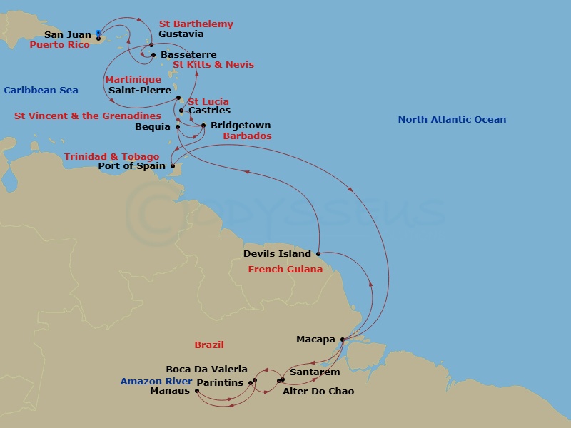 EXPLORA I - 24 Night - An Extended Journey Into Island Elegance & Mysteries of the Amazon - EXPLORA I - Starting in San Juan, Gustavia, Saint-Pierre, Bridgetown, Port of.. itinerary map