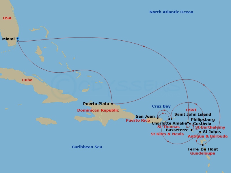 EXPLORA III - 14 Night - An Extended Journey of Natural Allure & Captivating Culture - EXPLORA III - Starting in Miami, St Maarten / Philipsburg, Gustavia, Basseterre, St J.. itinerary map