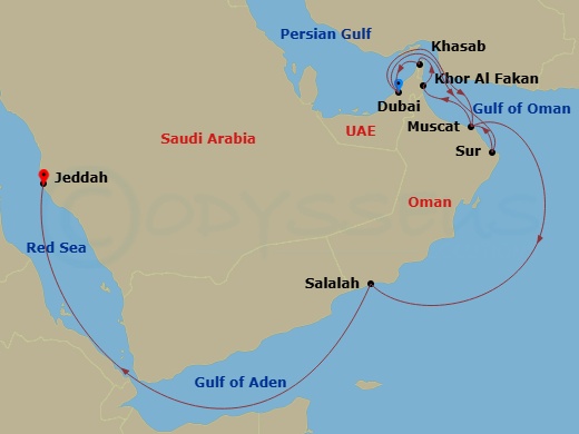 EXPLORA II - 15 Night - An Extended Journey Through Sunlit Kingdoms & Sacred Heritage - EXPLORA II - Starting in Dubai, Sur, Muscat, Khor Fakkan, Khasab, Dubai, Muscat, Sa.. itinerary map