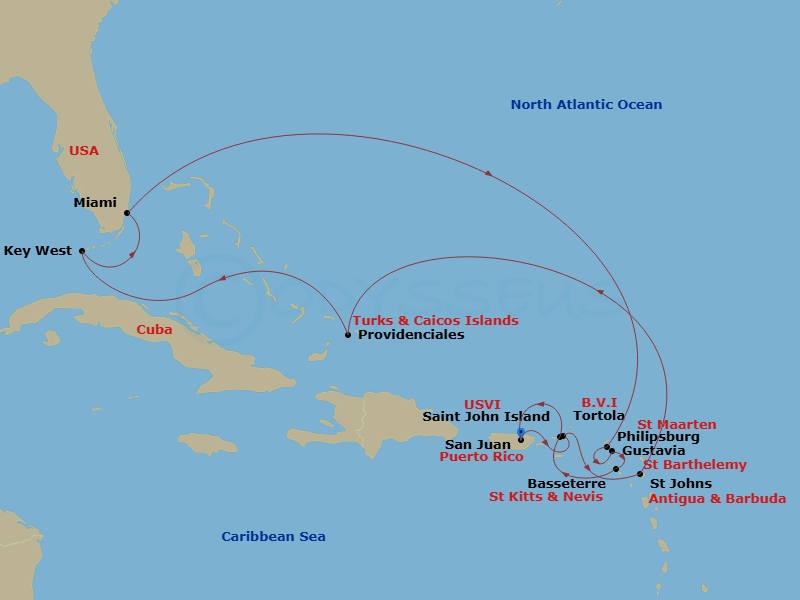 EXPLORA III - 14 Night - An Extended Journey of Secluded Isles & Coastal Havens - EXPLORA III - Starting in San Juan, Tortola / Road Town, St Johns AG, Antigua, Providencia.. itinerary map