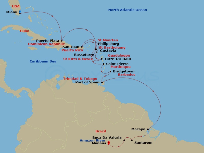 EXPLORA I - 19 Night - An Extended Journey of Caribbean Charms & Amazonian Wonders - EXPLORA I - Starting in Miami, Puerto Plata, Dominican Republic, St Maarten / Philips.. itinerary map