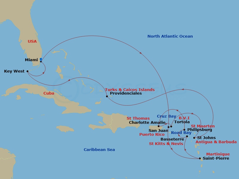EXPLORA III - 15 Night - An Extended Journey Through Caribbean Treasures & Peaceful Nature - EXPLORA III - Starting in Miami, Charlotte Amalie (Saint Thomas), Road Bay, Sai.. itinerary map