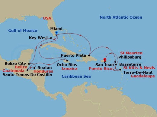EXPLORA I - 16 Night - An Extended Journey Through Ancient Marvels & Glittering Shores - EXPLORA I - Starting in Miami, Ocho Rios, Jamaica, Santo Tomas, Roatan Island, Be.. itinerary map