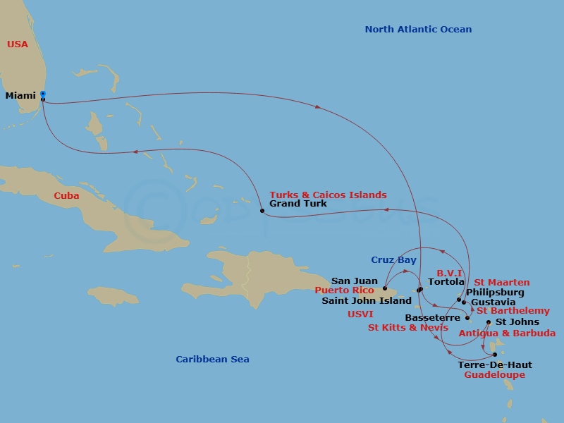 EXPLORA III - 14 Night - An Extended Journey of Sunlit Horizons & Sapphire Bays - EXPLORA III - Starting in Miami, St John VI (Cruz Bay), US Virgin Islands, St Johns AG, An.. itinerary map