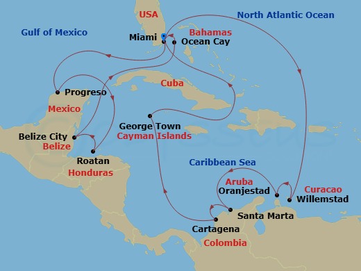 EXPLORA I - 18 Night - An Extended Journey Through Caribbean Beauty & Ocean Stillness - EXPLORA I - Starting in Miami, Merida (Progreso), Roatan Island, Belize City, Ocea.. itinerary map