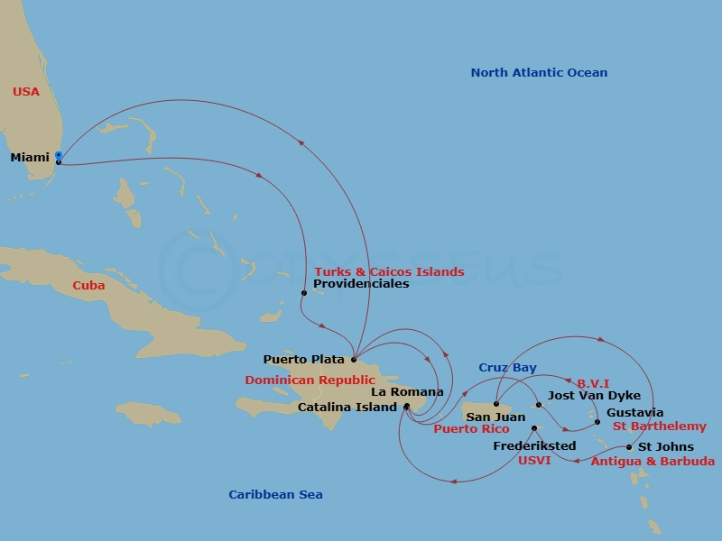 EXPLORA III - 14 Night - An Extended Journey of Blissful Escapes & Shoreline Splendour - EXPLORA III - Starting in Miami, Providenciales, Puerto Plata, Dominican Republic,.. itinerary map