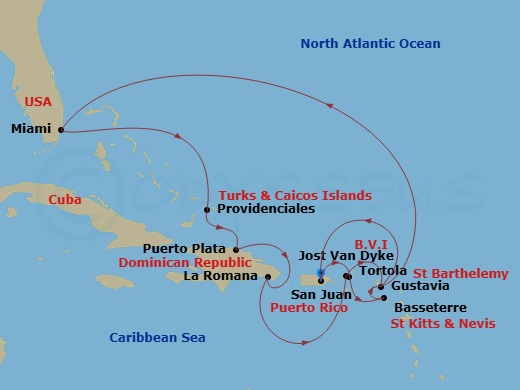 EXPLORA III - 14 Night - An Extended Journey Into Island Delights, Hidden Coves & Chic Coastlines - EXPLORA III - Starting in San Juan, Tortola / Road Town, Basseterre, Gus.. itinerary map