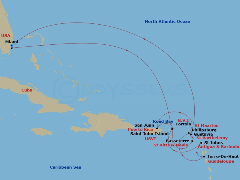 EXPLORA III - 14 Night - An Extended Journey of Maritime Soul & Island Zest - EXPLORA III - Starting in Miami, St John VI (Cruz Bay), US Virgin Islands, St Johns AG, Antigu.. itinerary map