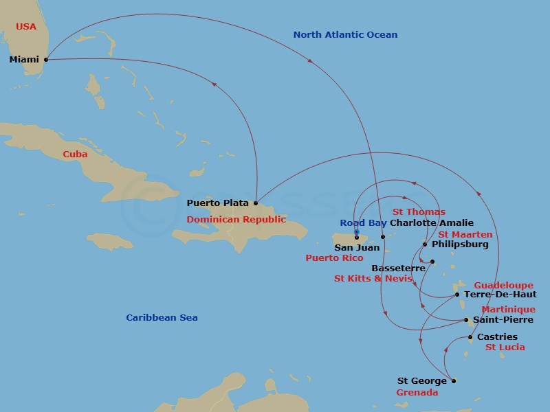 EXPLORA III - 16 Night - An Extended Journey of Island Energy & Ocean Tranquillity - EXPLORA III - Starting in San Juan, St Maarten / Philipsburg, Terre-De-Haut, St Georges.. itinerary map