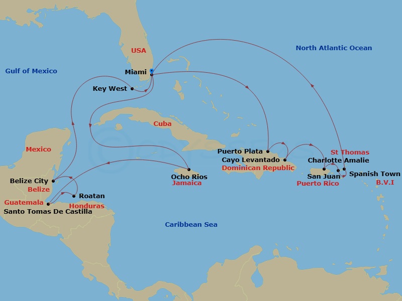 EXPLORA I - 18 Night - An Extended Journey of Coastal Marvels & Caribbean Dreams - EXPLORA I - Starting in Miami, Puerto Plata, Dominican Republic, Cayo Levantado, Domini.. itinerary map