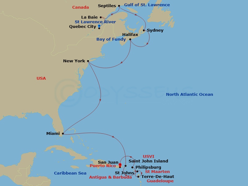 EXPLORA III - 17 Night - A Grand Journey of Bright Coastlines & Captivating Havens - EXPLORA III - Starting in Quebec City, La Baie (Saguenay), Sept-Iles, Sydney CA, Halifa.. itinerary map