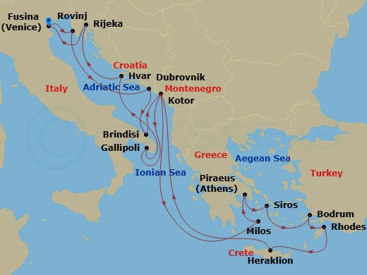 EXPLORA II - 17 Night - An Extended Journey Through Bewitching Isles & Glittering Shores - EXPLORA II - Starting in Fusina (Venice), Rovinj, Dubrovnik, Croatia, Brindisi,.. itinerary map