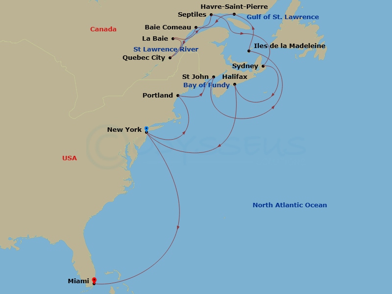 EXPLORA III - 18 Night - An Extended Journey of Untamed Splendour & Iconic Cities - EXPLORA III - Starting in New York City, Portland ME, Saint John NB (Bay of Fundy), Iles.. itinerary map
