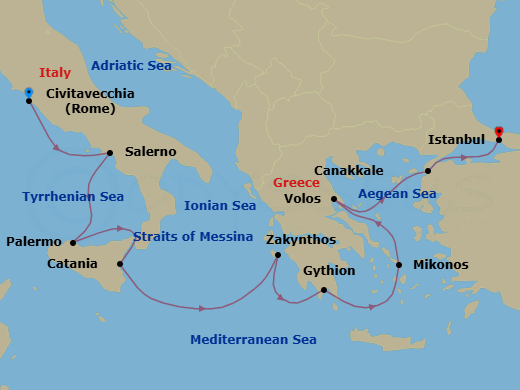 9 Night - Trojan Trek Revisited - Oceania Sirena - Starting in Rome (Civitavecchia), Salerno, Palermo (Sicily), Catania (Sicily), Zakynthos, Gythion, Mykonos, Volos, Canakkale (Troy), Istanbul itinerary map