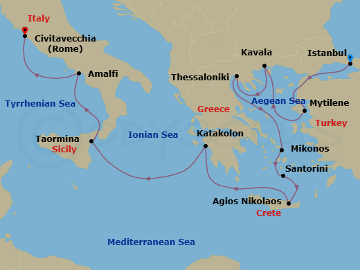 10 Night - Iconic Greek Isles - Oceania Sirena - Starting in Istanbul, Mitilini (Lesbos), Kavala / Philippi, Thessaloniki, Mykonos, Santorini, Agios Nikolaos (Crete), Katakolon, Taormina (Sicily), Amalfi / Positano, Rome (Civitavecchia) itinerary map